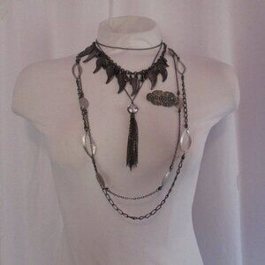 Lot of (3) Necklaces Unsigned Fashion (1) Gun Metal Brooch